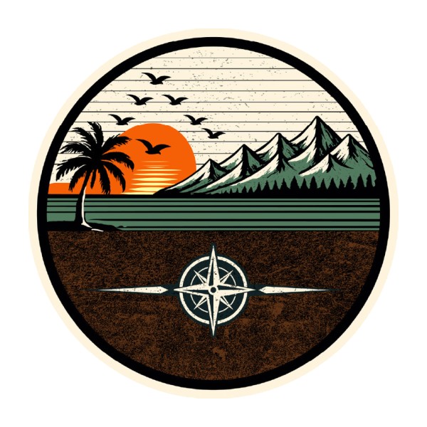 Mountain and compass emblem manually redrawn as a clean vector