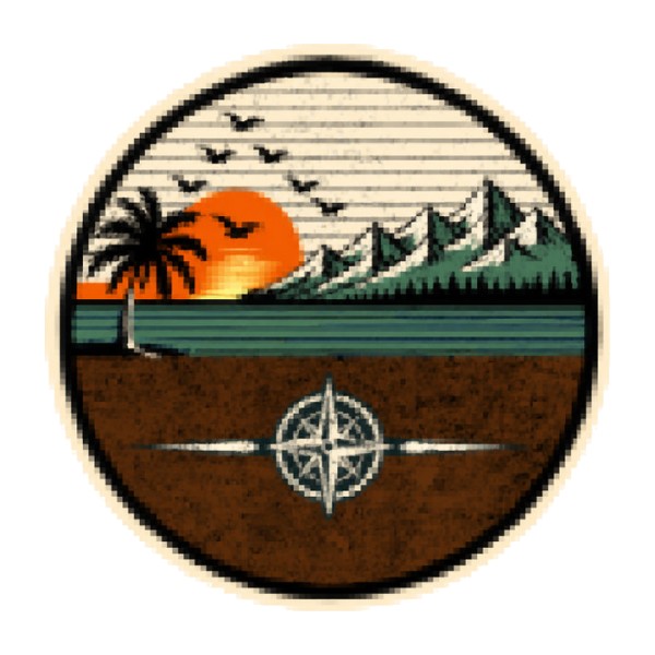 Blurry compressed JPG of a round mountain sunset and compass rose emblem
