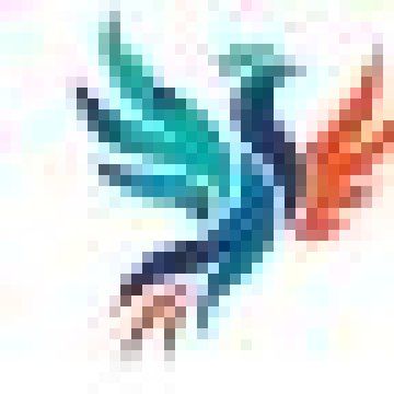 Heavily pixelated low-resolution phoenix logo with visible compression artifacts