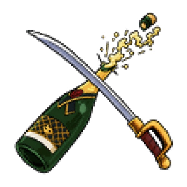 Blocky low-resolution PNG of a crossed champagne bottle and saber illustration