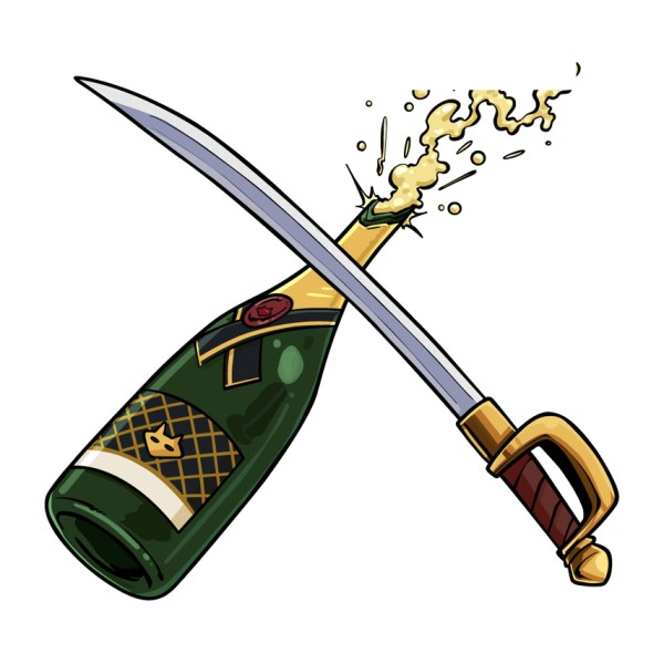 Crossed champagne bottle and saber illustration rebuilt from PNG as a crisp editable vector
