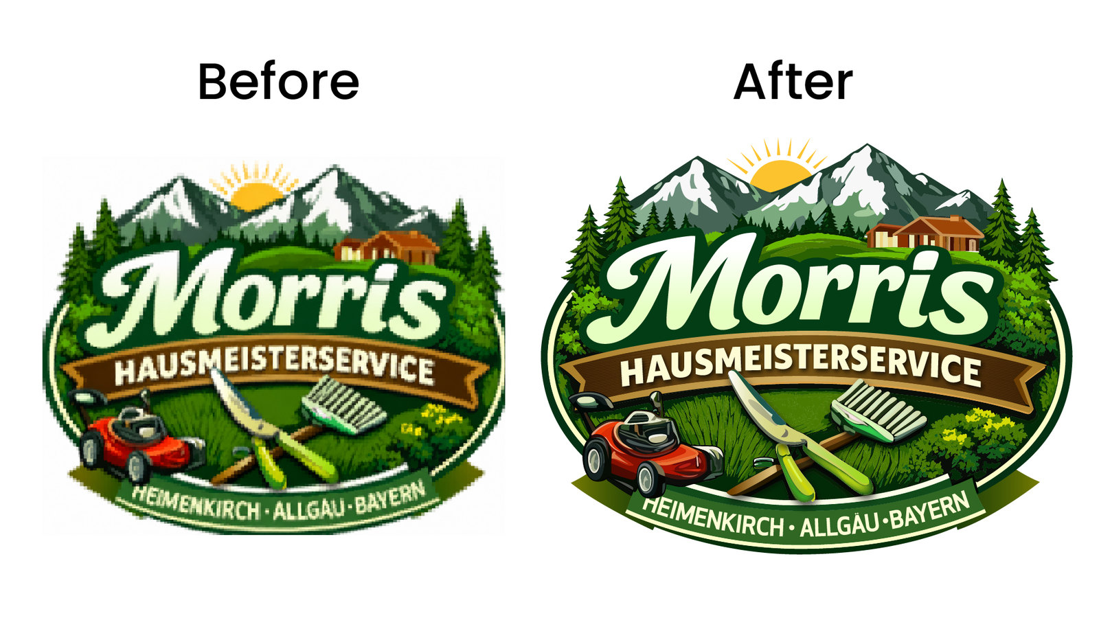 Before and after vector redraw of Morris Hausmeisterservice landscaping badge logo