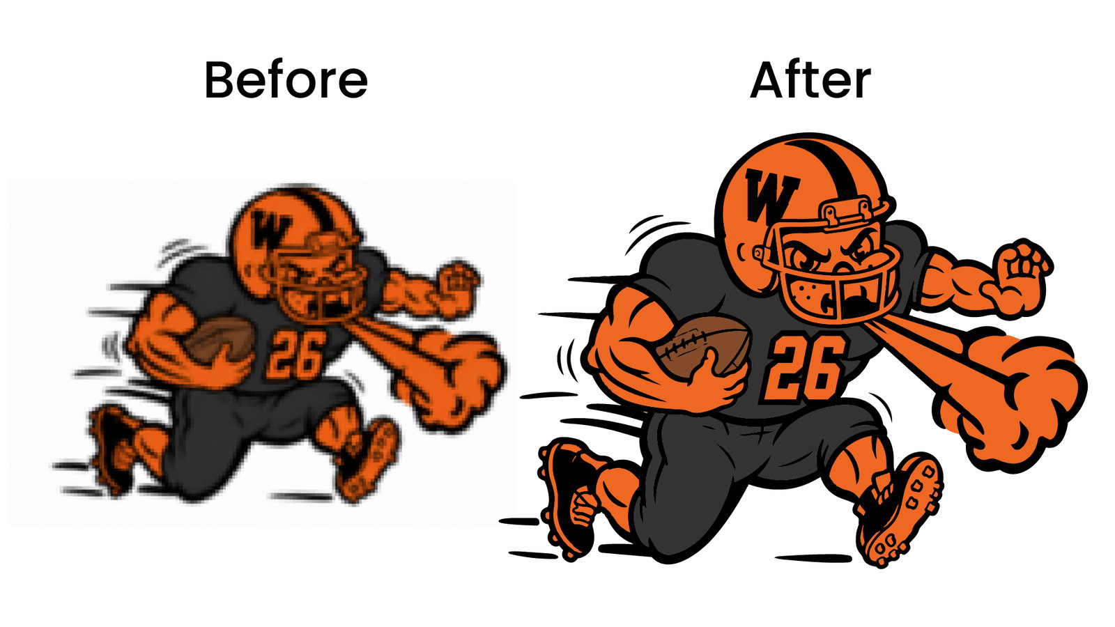 Before and after vector tracing of an orange and black football player mascot running with the ball