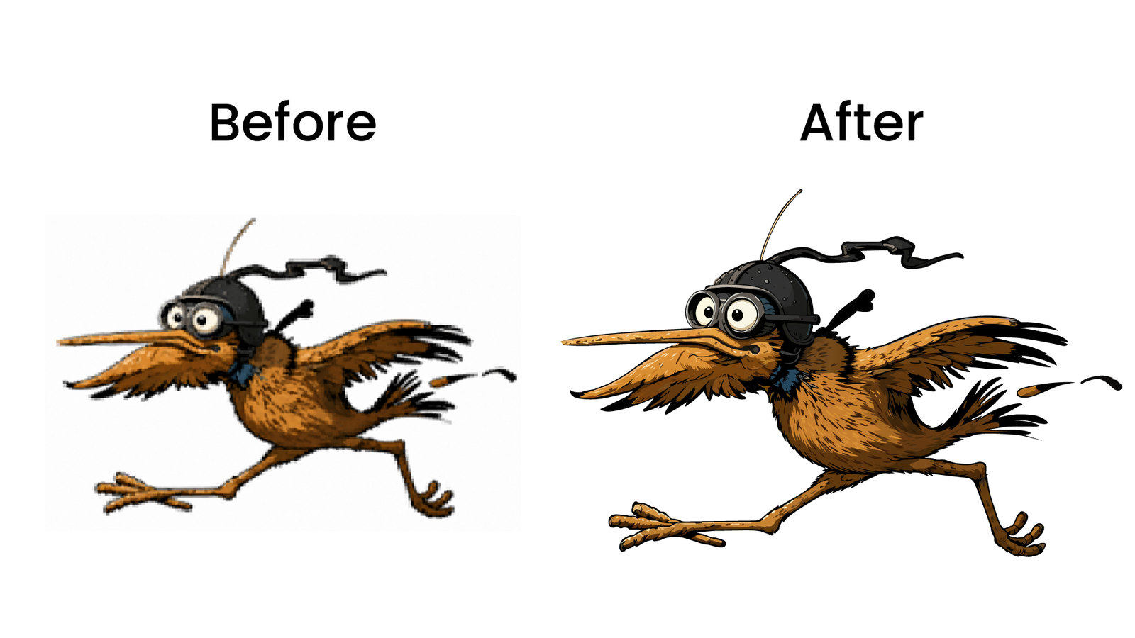 Before and after manual vector tracing of a running kiwi bird mascot wearing a helmet and goggles