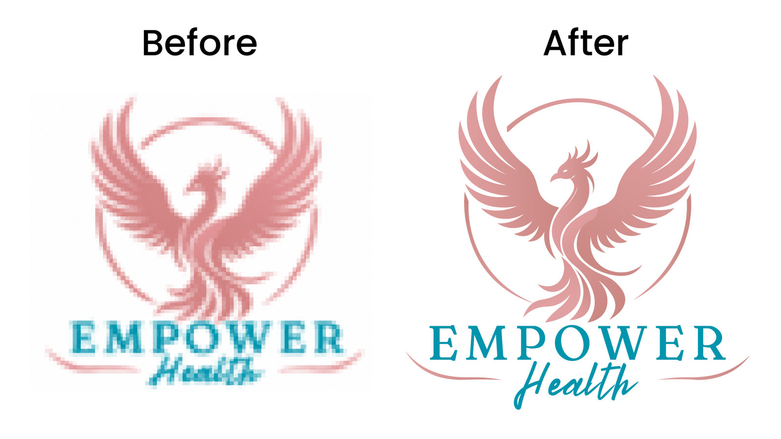 Before and after vector redraw of Empower Health pink phoenix logo