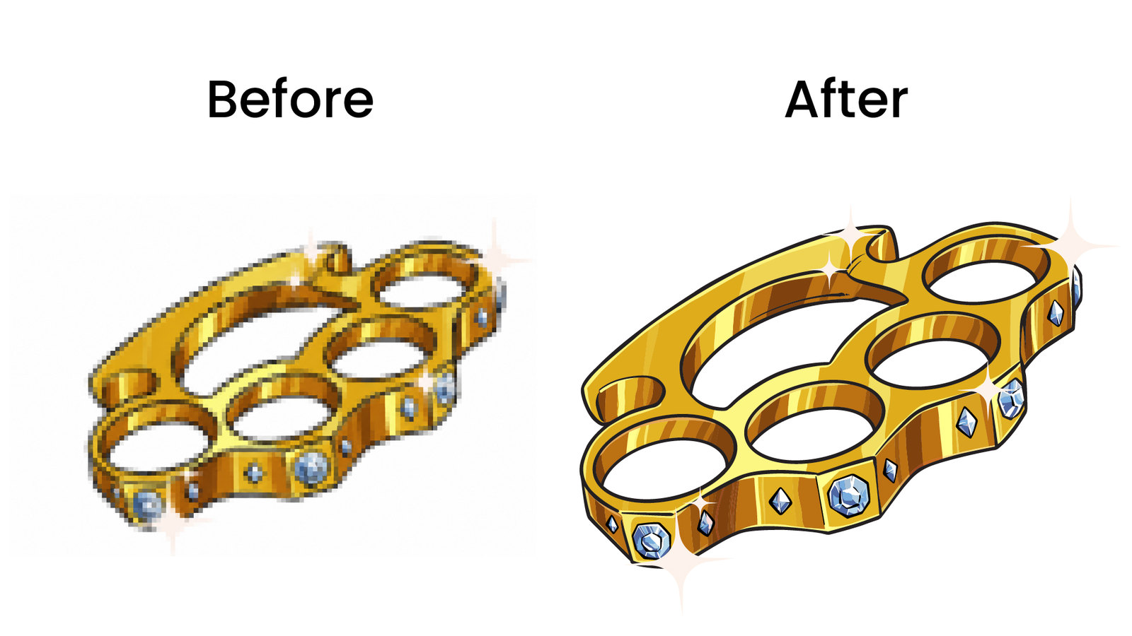Before and after vector tracing of a gold brass knuckles illustration with diamonds
