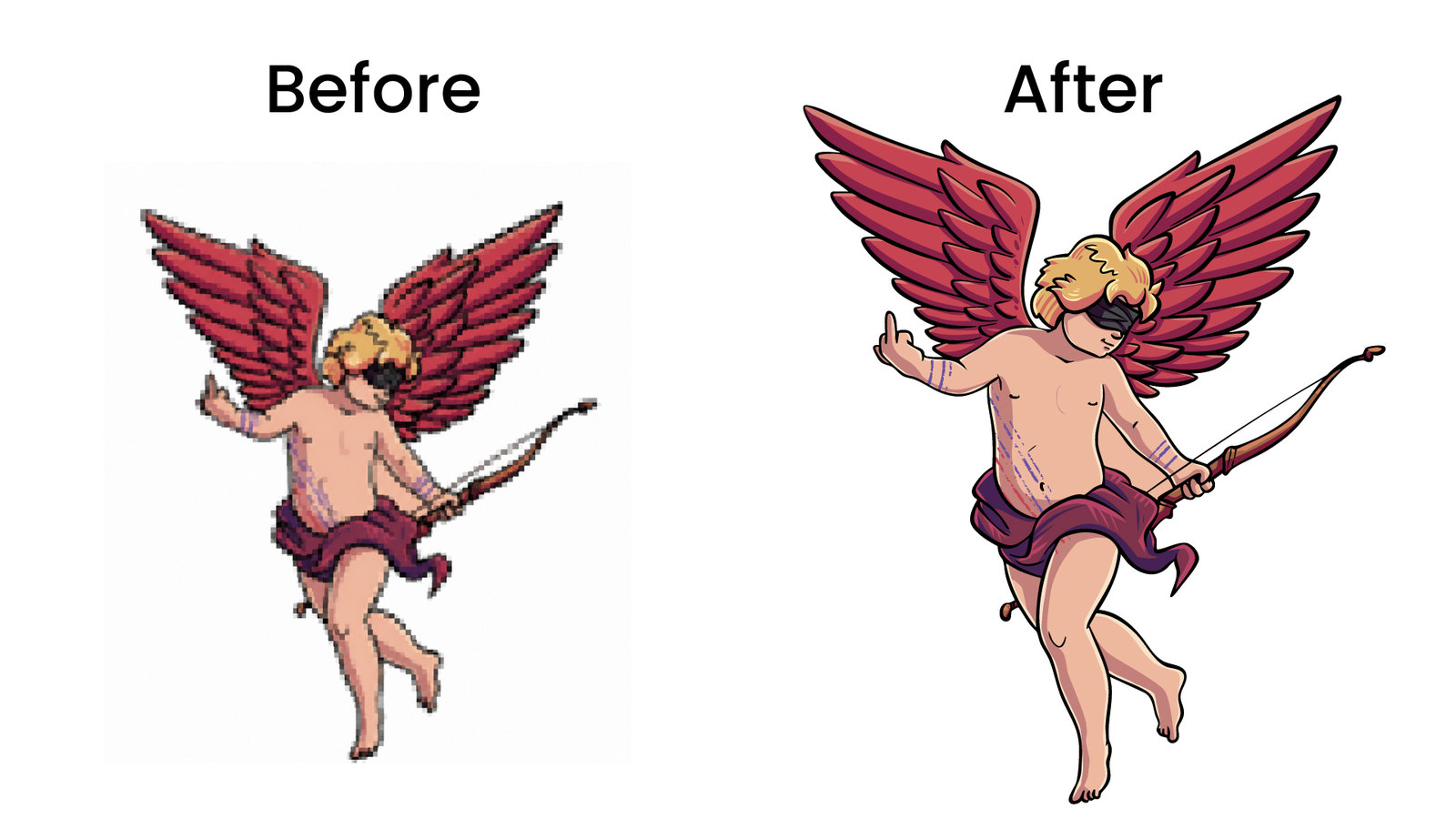 Before and after manual vector redraw of a winged cupid illustration with bow