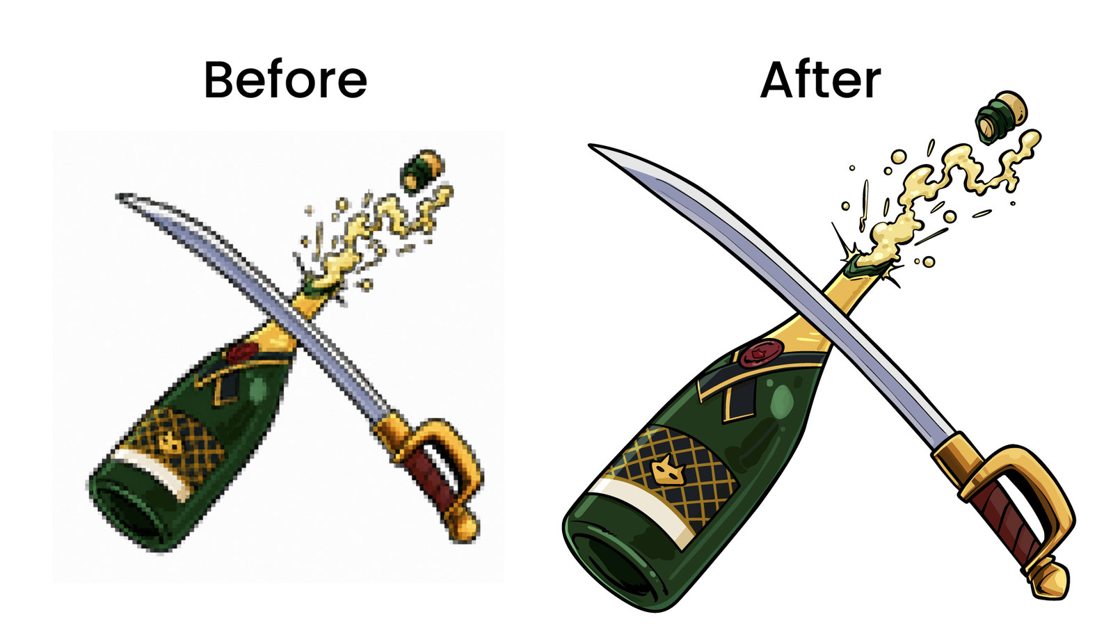 Before and after vector tracing of a crossed champagne bottle and saber illustration