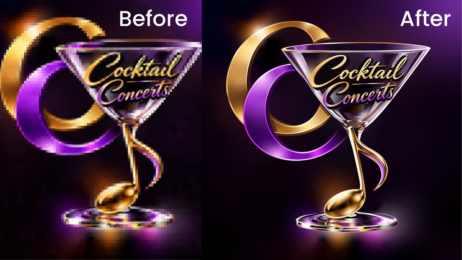 Before and after vector redraw of Cocktail Concerts 3D martini glass logo