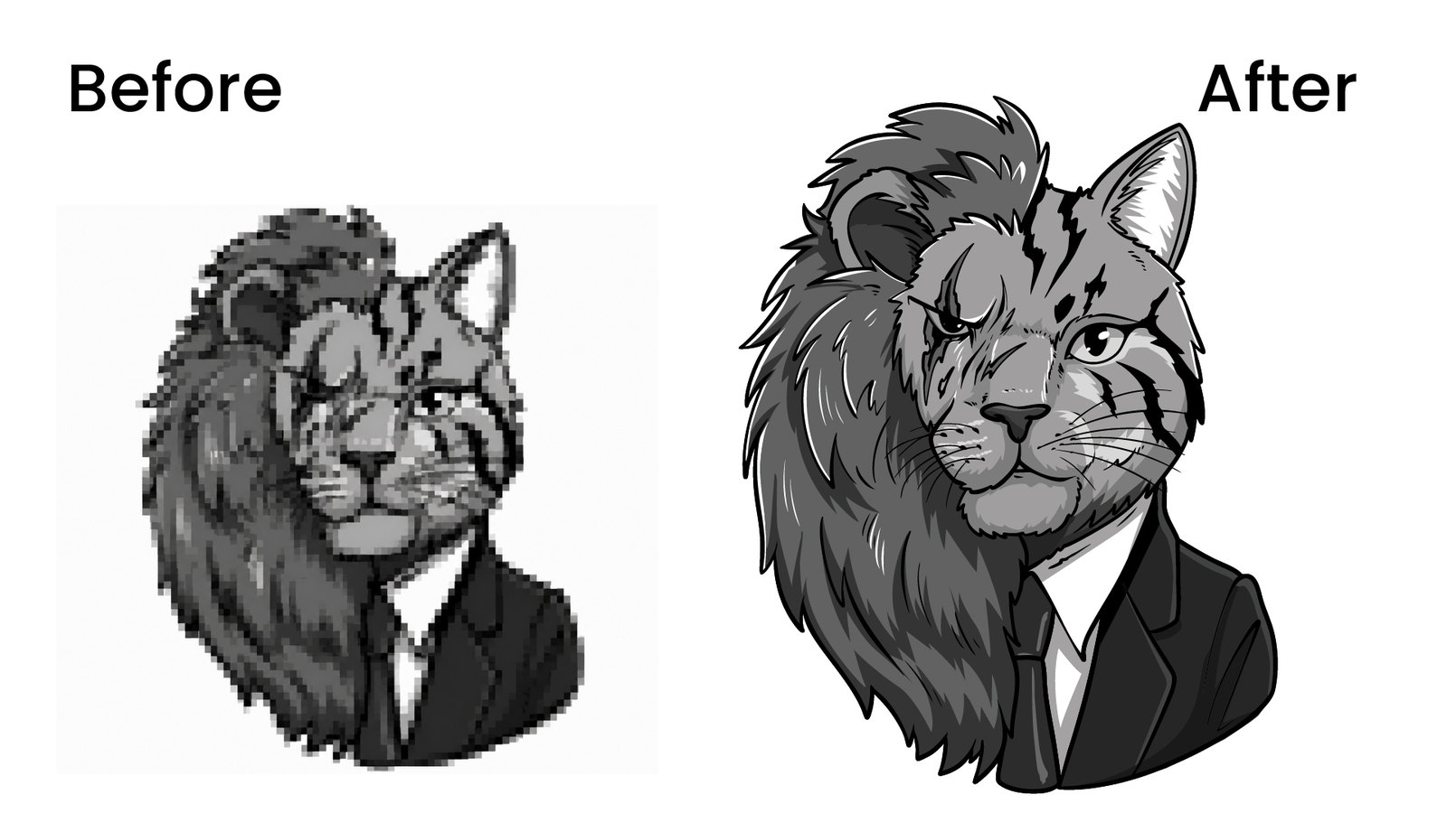 Before and after manual vector tracing of a grayscale lion-cat character in a suit