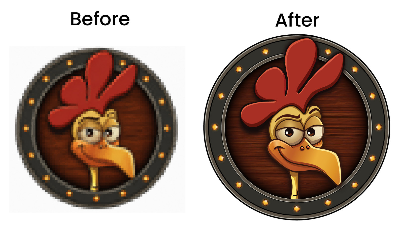 Before and after manual vector redraw of a rooster mascot in a round porthole badge