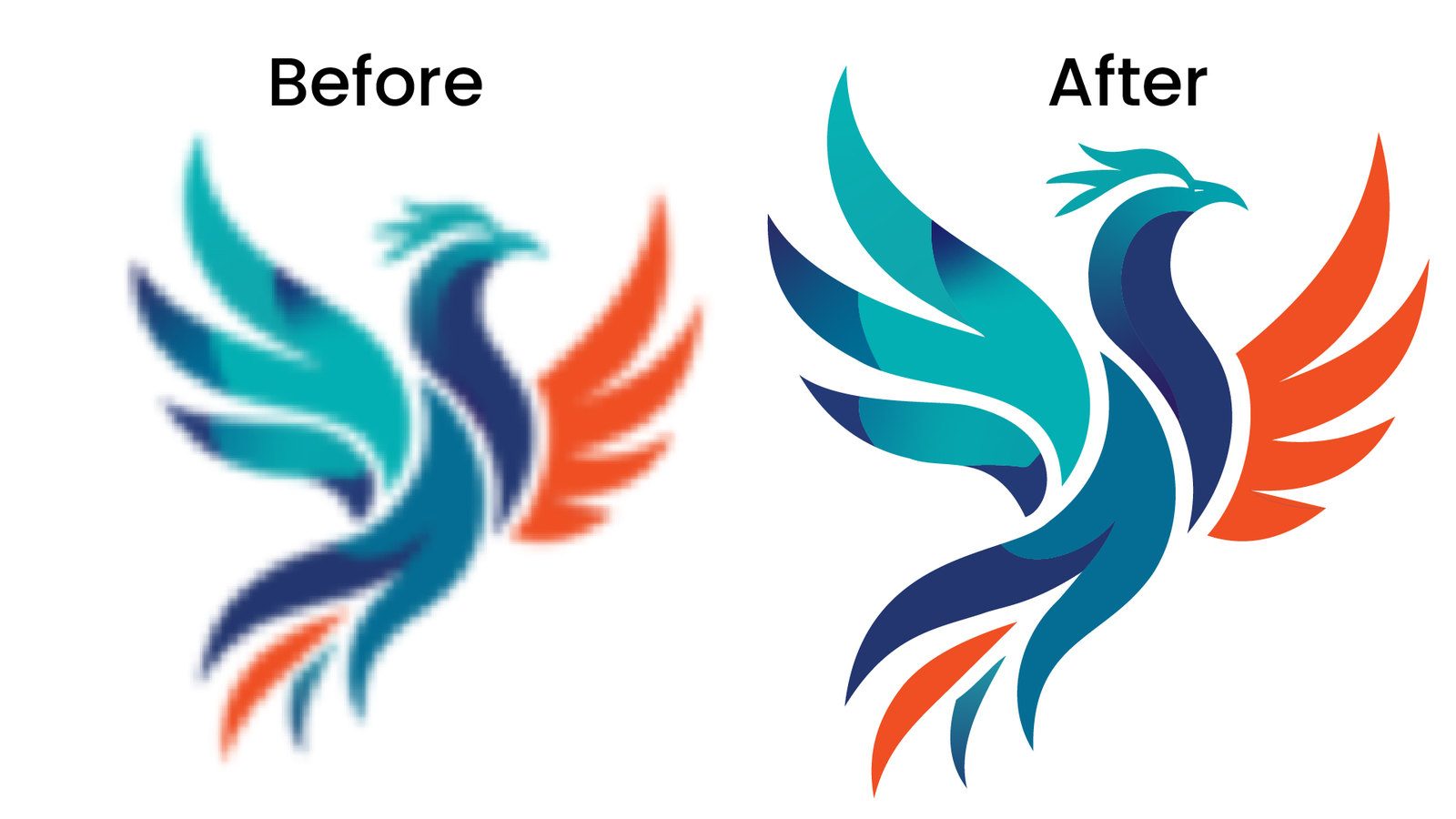 Before and after vector redraw of a teal, navy and orange abstract phoenix logo