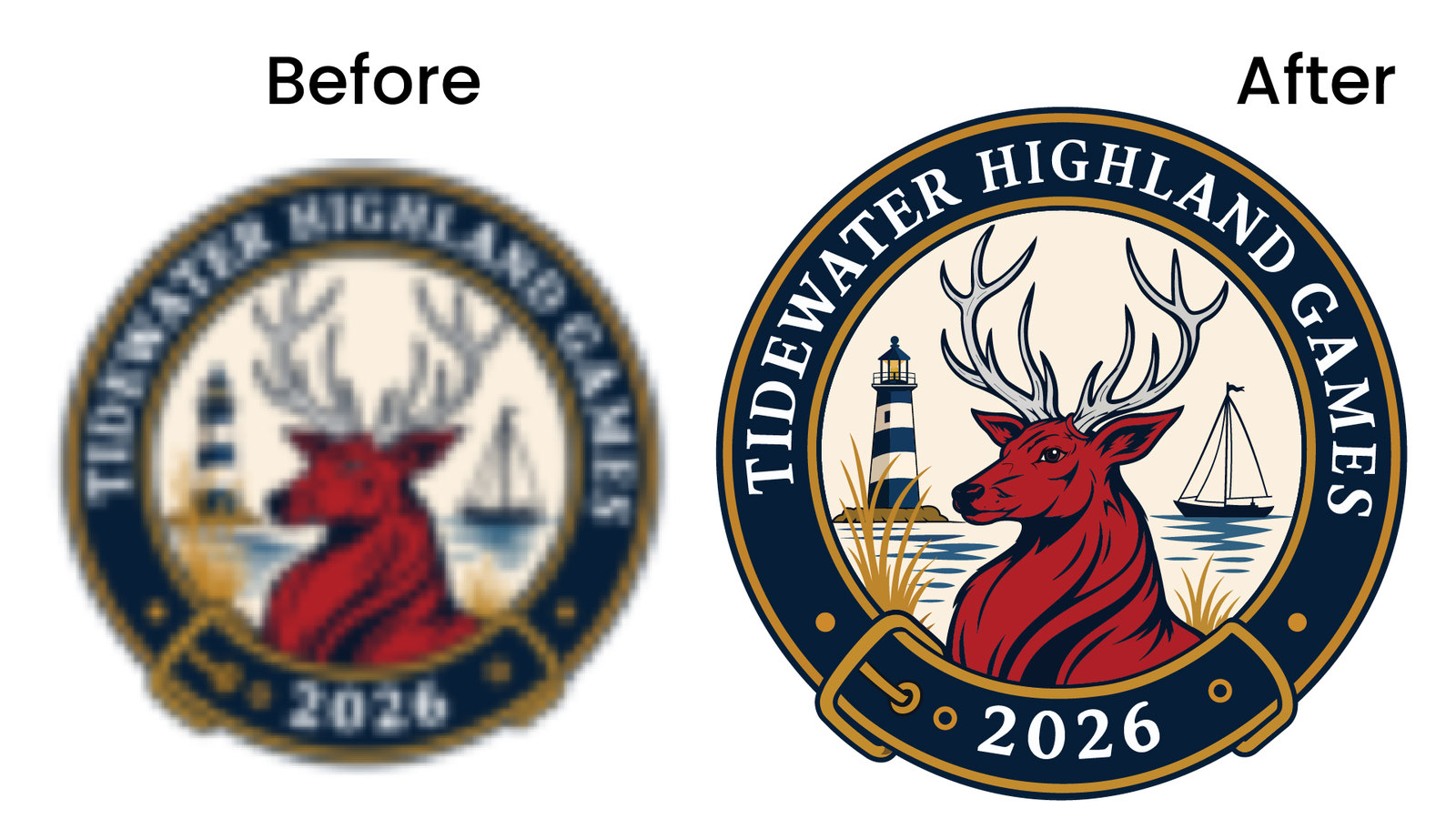 Before and after vector redraw of the Tidewater Highland Games 2026 stag and lighthouse emblem