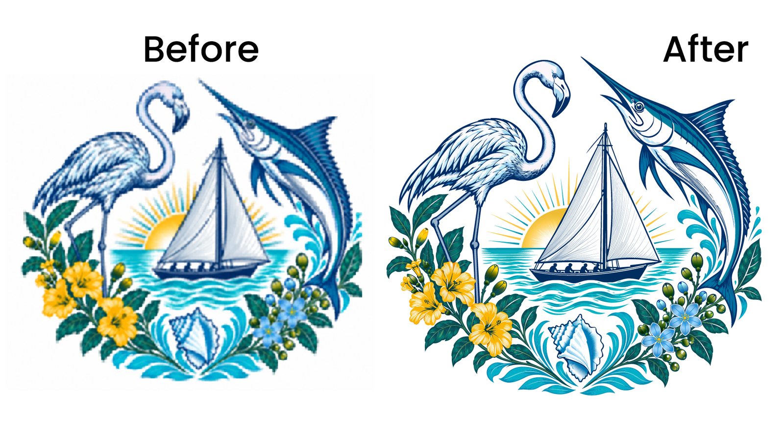 Before and after manual vector tracing of a flamingo, marlin and sailboat tropical illustration