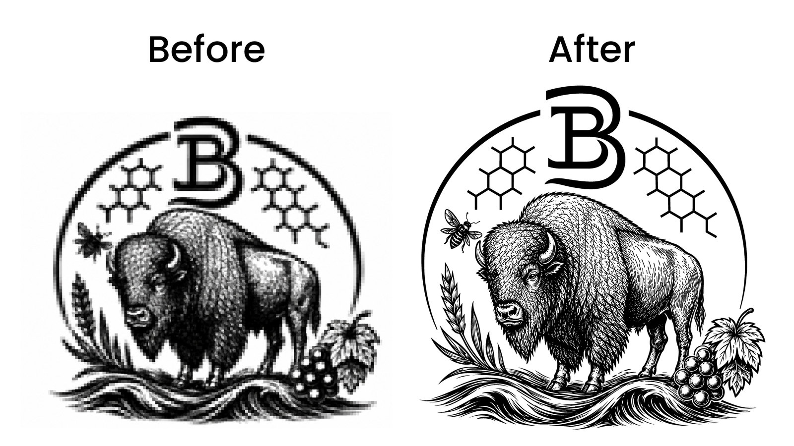Before and after vector redraw of a bison engraving emblem with B monogram