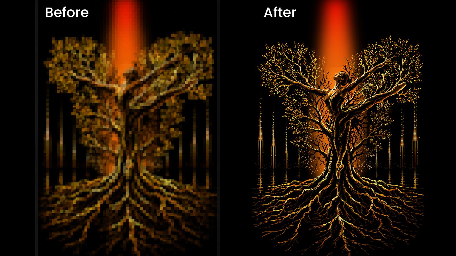 Before and after vector tracing of a glowing golden tree with roots on a black background