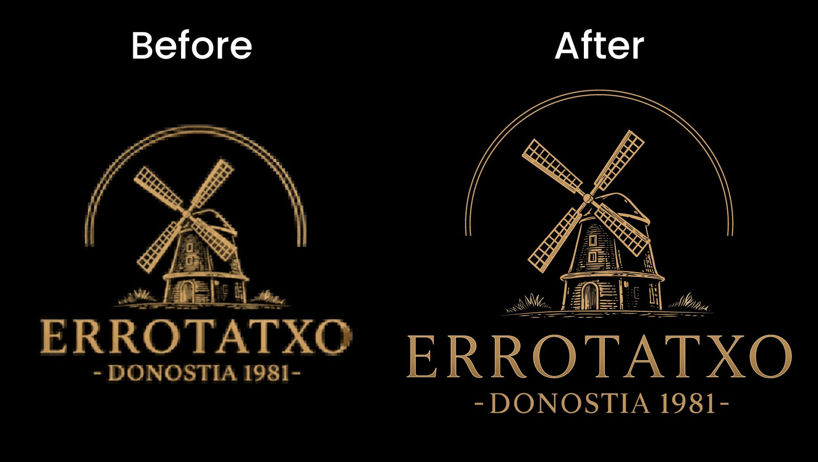 Before and after manual vector redraw of the Errotatxo Donostia 1981 gold windmill logo