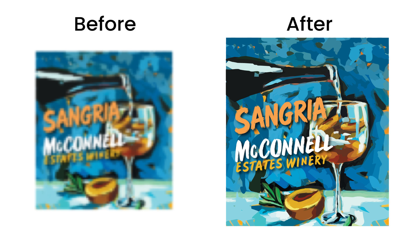 Before and after manual vector redraw of the Sangria McConnell Estates Winery painted wine label
