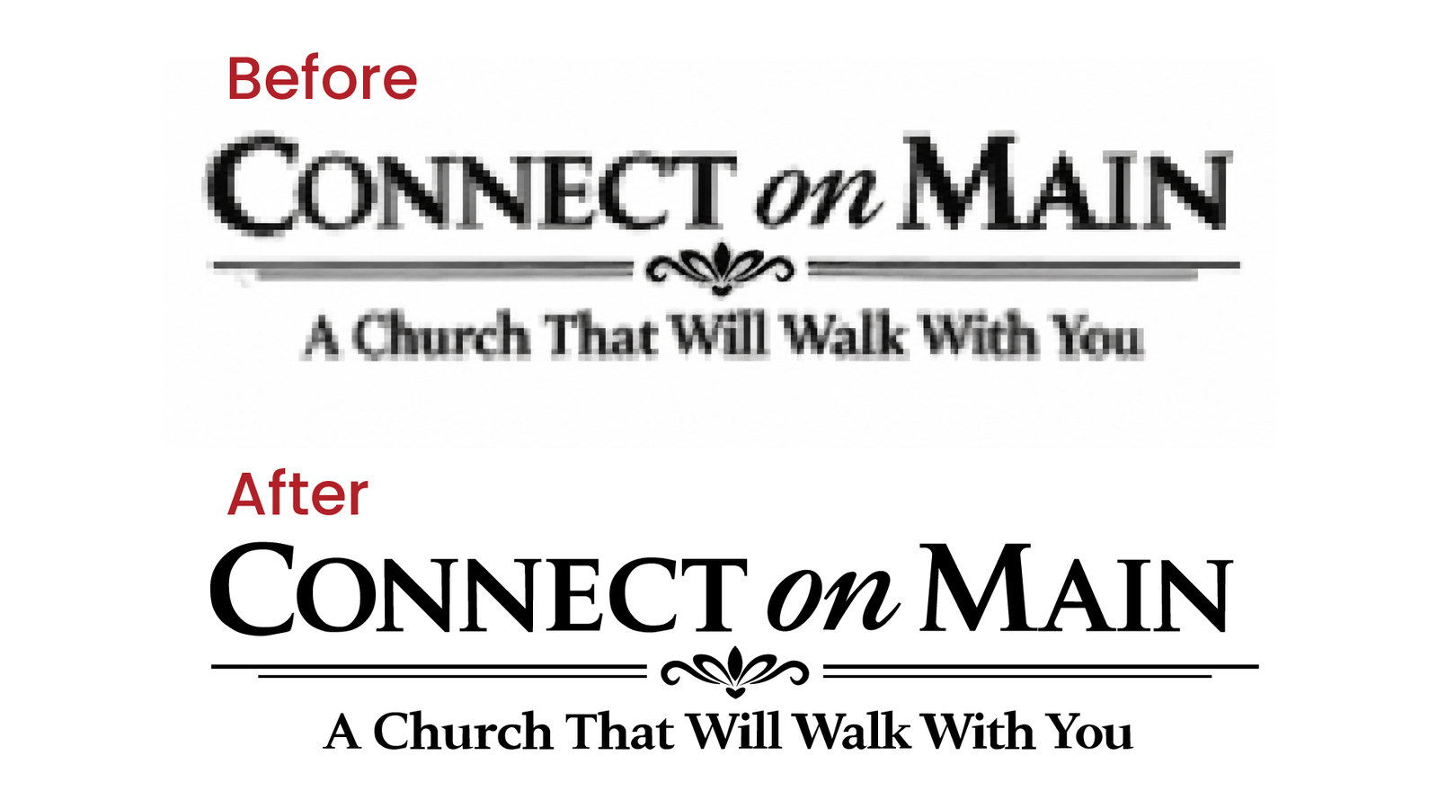 Before and after vector redraw of the Connect on Main church wordmark