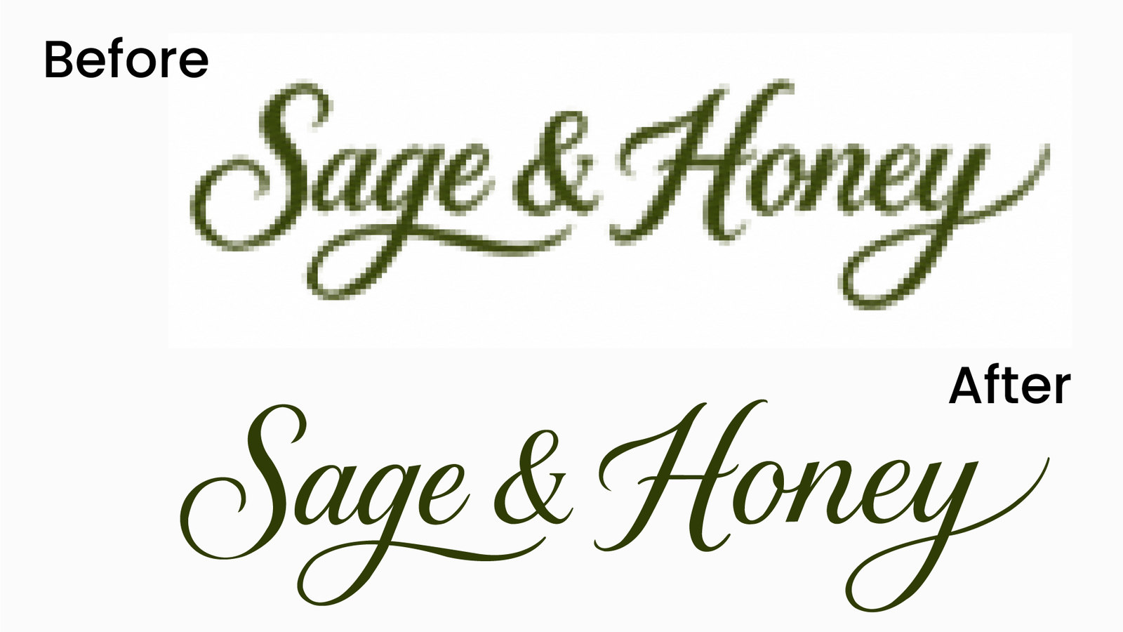 Before and after vector conversion of Sage and Honey script wordmark