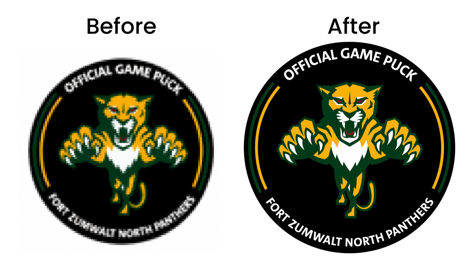 Before and after vector redraw of the Fort Zumwalt North Panthers official game puck logo