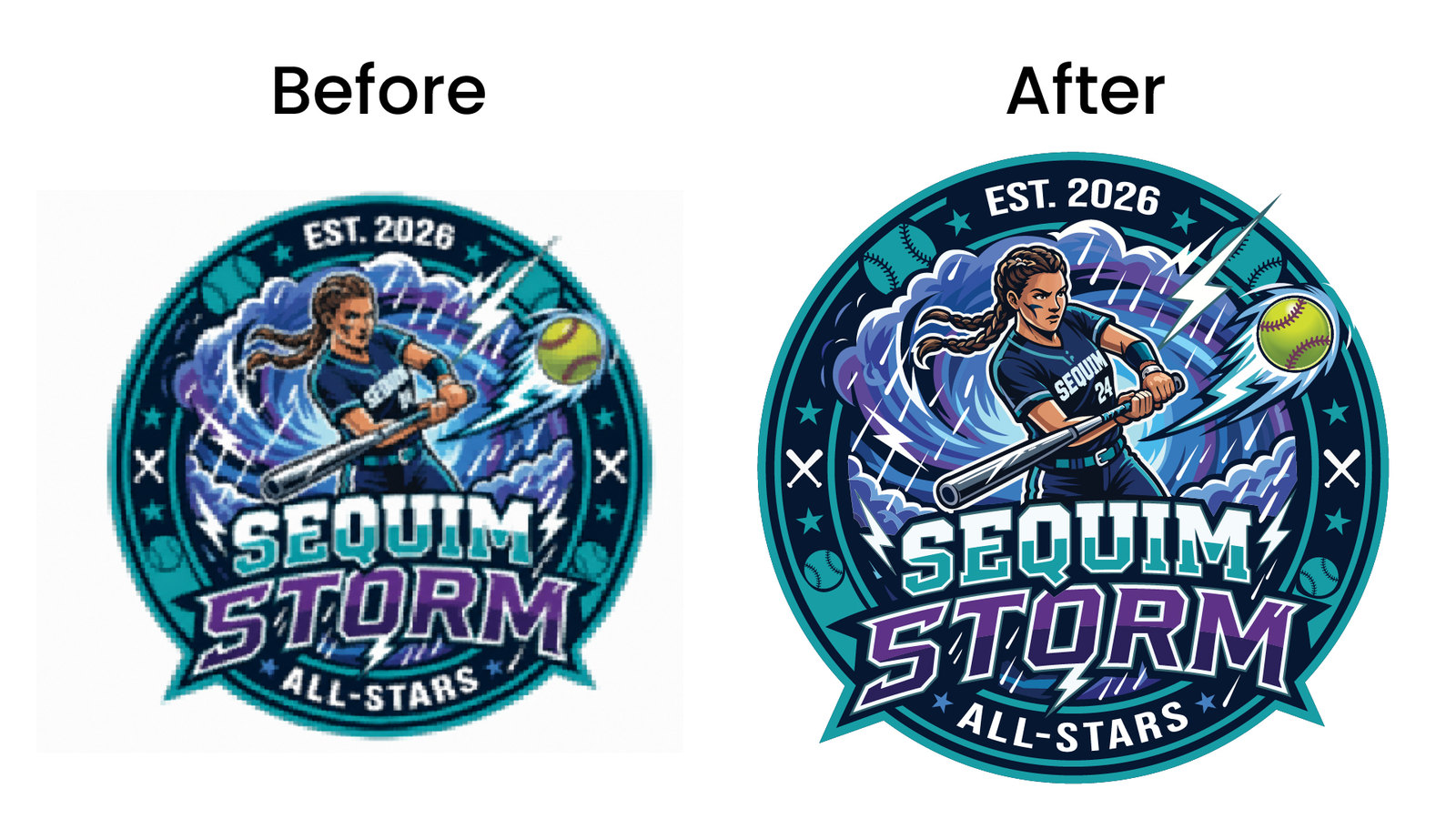 Before and after vector redraw of the Sequim Storm All-Stars softball badge