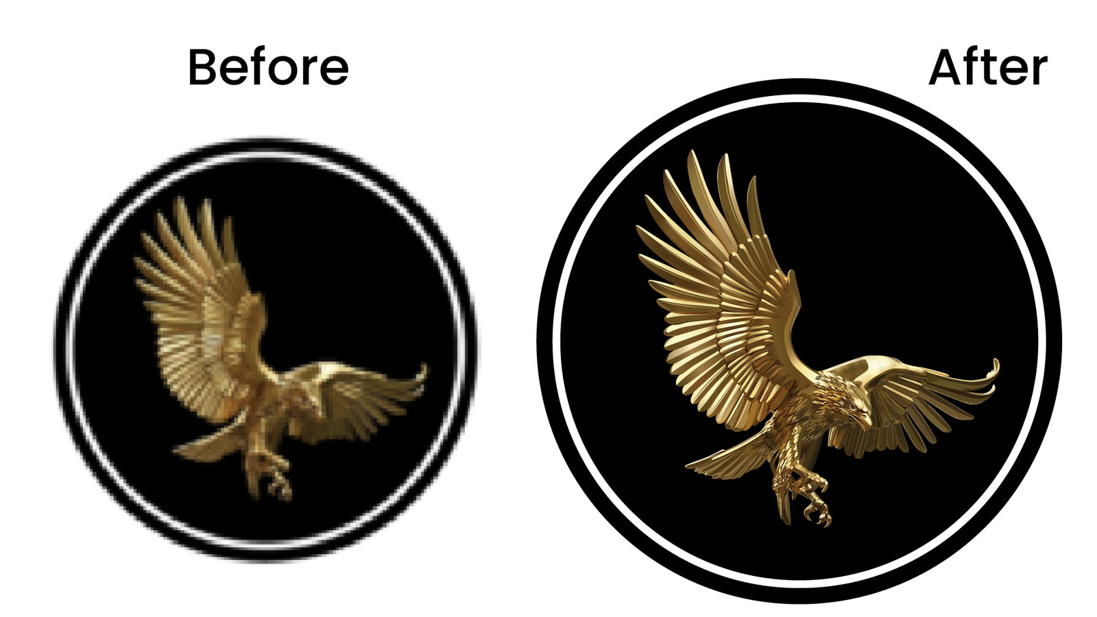 Before and after vector tracing of a golden eagle emblem in a black circle