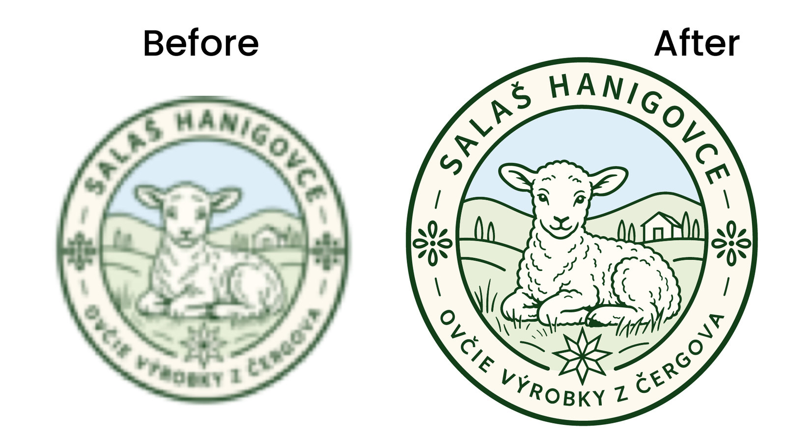 Before and after vector redraw of the Salas Hanigovce lamb badge logo