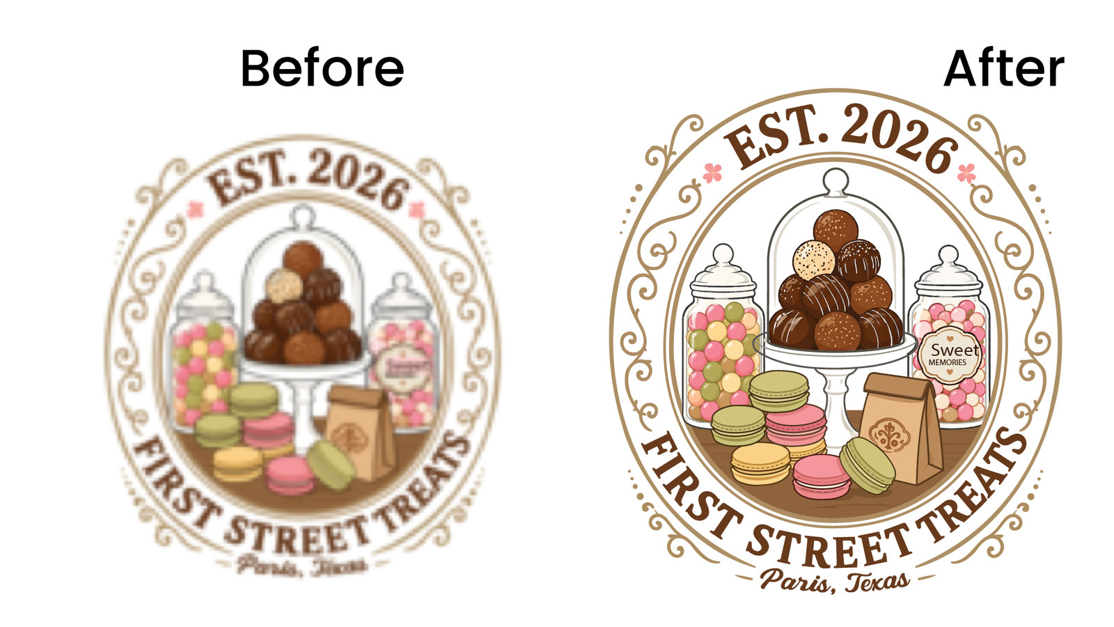 Before and after vector redraw of the First Street Treats candy shop emblem
