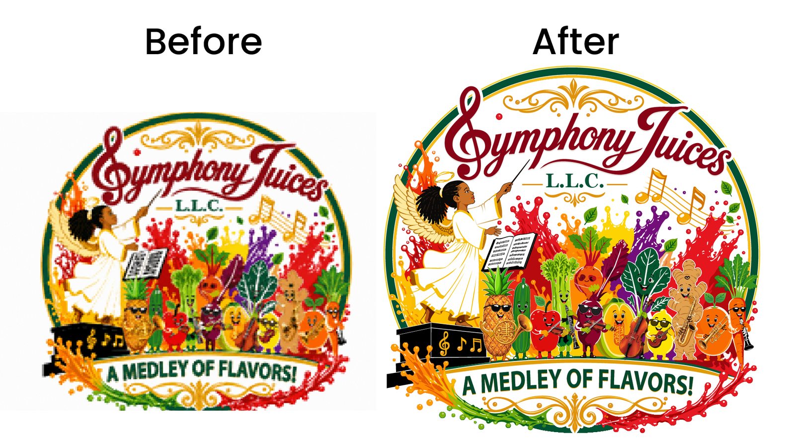Before and after vector redraw of the Symphony Juices LLC fruit and vegetable orchestra illustration