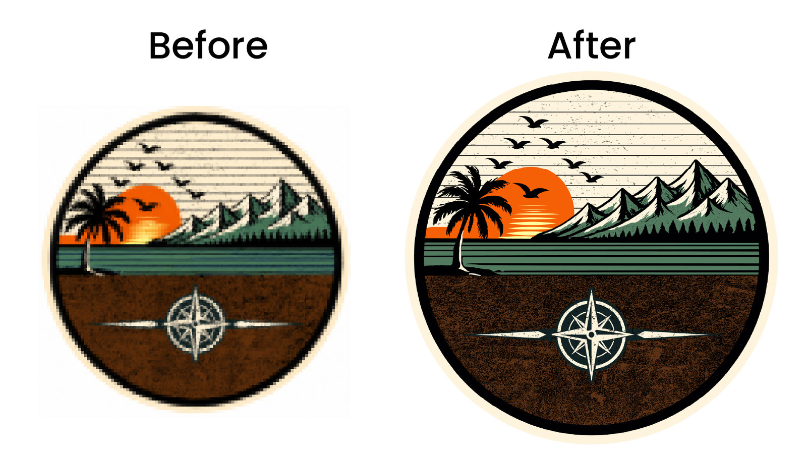 Before and after vector redraw of a round mountain sunset and compass rose emblem