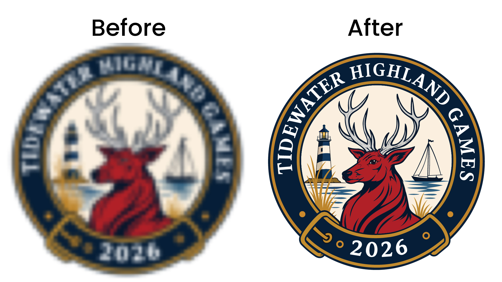 Tidewater Highland Games logo vector tracing before and after