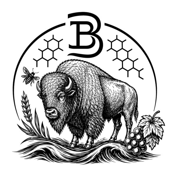 Bison engraving emblem with B monogram redrawn as sharp print-ready line art for signage and labels