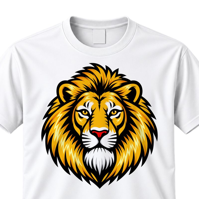 Sharp print-ready vector lion artwork printed on a white T-shirt
