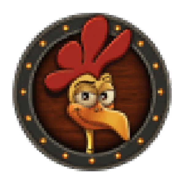 Pixelated low-resolution rooster mascot porthole badge before print-ready vector redraw
